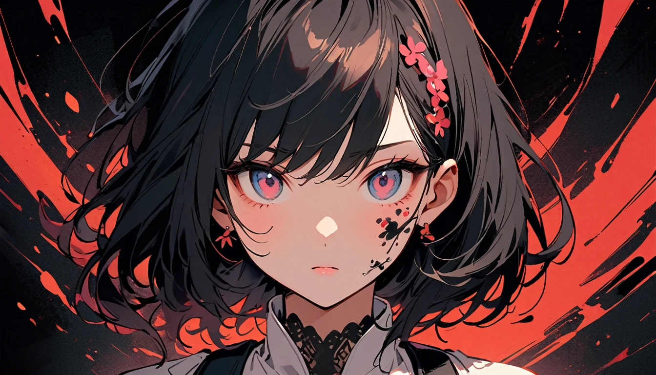 (((Ink Painting))), Fashion portrait color photos, (((1 girl))), (((Tattoo on face))), (((Gorgeous hair accessories))), Japanese style headphones, face close-up, Japan人の美少女, Black Hair, Japan, Japanese flag