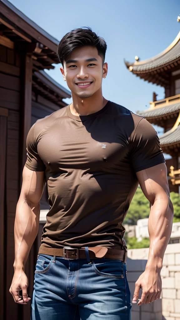 man , Brown t-shirt, jeans, black short hair , outdoor , cute smile , หน้าhandsomeแบบเกาหลีสมจริง , modest muscles , Masterpiece、High resolution、Surreal、detailed face、alone、man、Glowing skin、(Asia)、handsome、tall building background