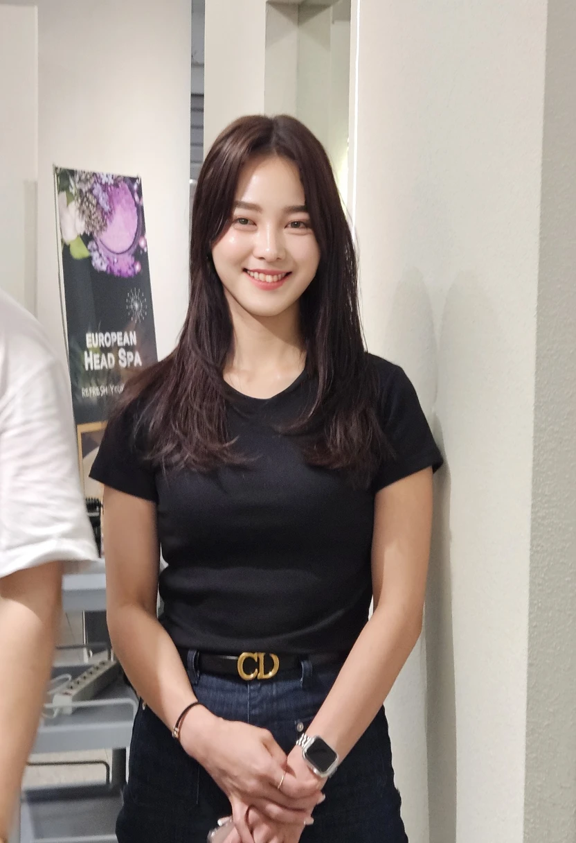 Best Quality, 8k, Masterpiece, (Portrait: 1.3), (photo realistic:1.4), (hyper realistic:1.4), Sharp Focus, looking at viewer, (smoother lighting:1.1), (increase cinematic lighting quality:0.9), realistic lighting, backlighting, light on face, ray trace, (brightening light:1.2), (Increase quality:1.4), sharp detail, (best quality real texture skin:1.4), finely detailed eyes, black_eyes, finely detailed face, 25 year old Korean woman,smiling_face