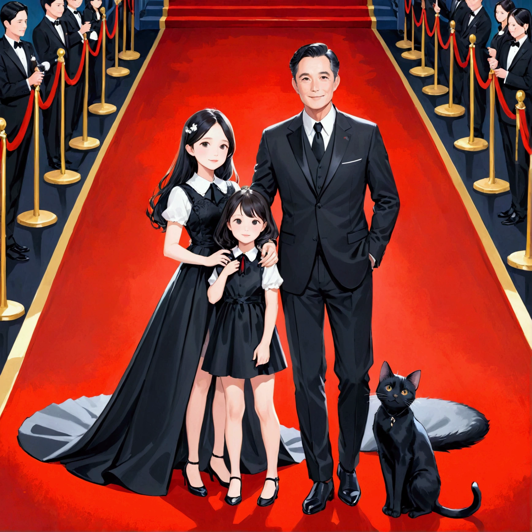 family,father,mother,daughter,Black Cat,fatherและmotherนั่งบนโต๊ะ,daughterเล่นกับBlack Catบนพื้น,red carpet