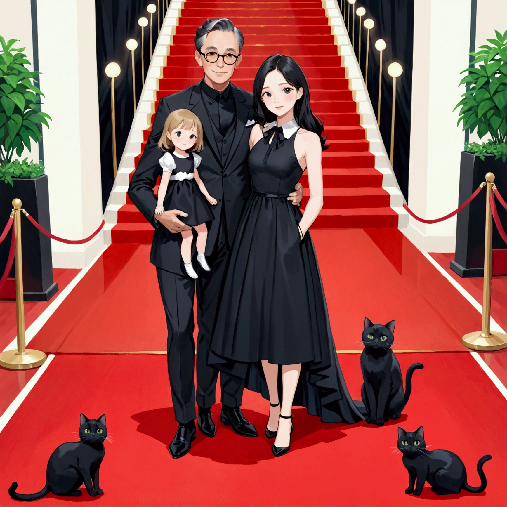 family,father,mother,daughter,Black Cat,fatherและmotherนั่งบนโต๊ะ,daughterเล่นกับBlack Catบนพื้น,red carpet
