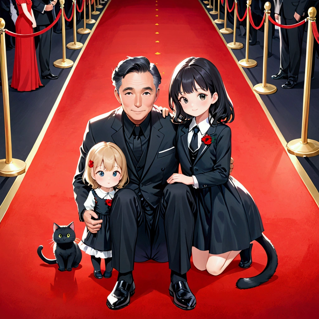family,father,mother,daughter,Black Cat,fatherและmotherนั่งบนโต๊ะ,daughterเล่นกับBlack Catบนพื้น,red carpet