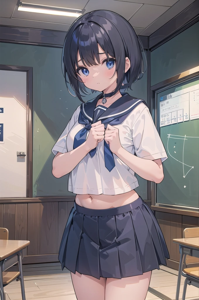 NSFW、(Short sleeve white sailor uniform:1.3)、(Dark blue micro mini skirt dark blue:1.2)、(White string panties:1.2)、Dark blue micro mini skirt dark blue、Mature Woman、Toned body、Big Breasts、(tall、daddy longlegs、175cm)、(quality))、((masterpiece))、(これはclassroomでセーラー服を着たセクシーな女子高生のクローズアップショットです:1.4)、(solo:1.4)、(One girl:1.4)、(Very short black hair:1.3)、(Light blue eyes:1.2)、(belly button:1.1)、(Navy collar、Yellow tie)、Dark blue micro mini skirt dark blue、Recommended results、Plump nipples、Stand up straight、Abdominal muscles、Huge bust、Angle to floor:1.2、Low camera angle、School、classroom