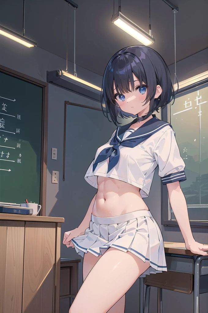 NSFW、(Short sleeve white sailor uniform:1.3)、(Dark blue micro mini skirt dark blue:1.2)、(White string panties:1.2)、Dark blue micro mini skirt dark blue、Mature Woman、Toned body、Big Breasts、(tall、daddy longlegs、175cm)、(quality)）、((masterpiece)）、(これはclassroomでセーラー服を着たセクシーな女子高生のクローズアップショットです:1.4)、(solo:1.4)、(One girl:1.4)、(Very short black hair:1.3)、(Light blue eyes:1.2)、(belly button:1.1)、(Navy collar、Yellow tie)、Dark blue micro mini skirt dark blue、Recommended results、Plump nipples、Stand up straight、Abdominal muscles、Huge bust、Angle to floor:1.2、Low camera angle、School、classroom
