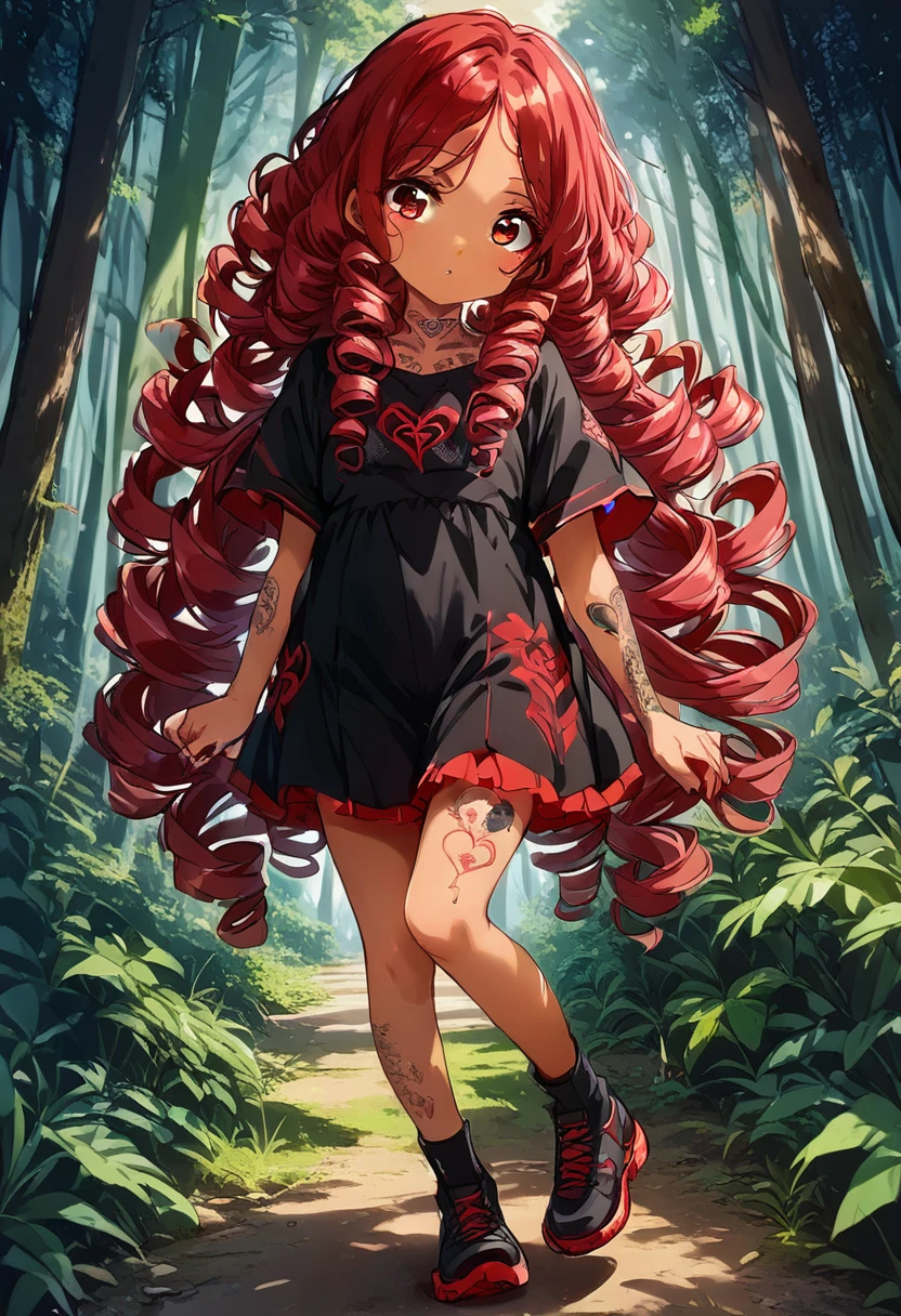 BREAK Perfect Anatomy、(High resolution:1.2)、Incredible illustrations、(Cute illustrations:1.2)、(nsfw) （Beautiful background(forest)) 1 girl(Red hair, long curly hair, red eyes,tattoos, ,tan skin:1.ung adult woman:2.0)Kyungsy Girl(Gothic  Cheongsam)(Full body view)