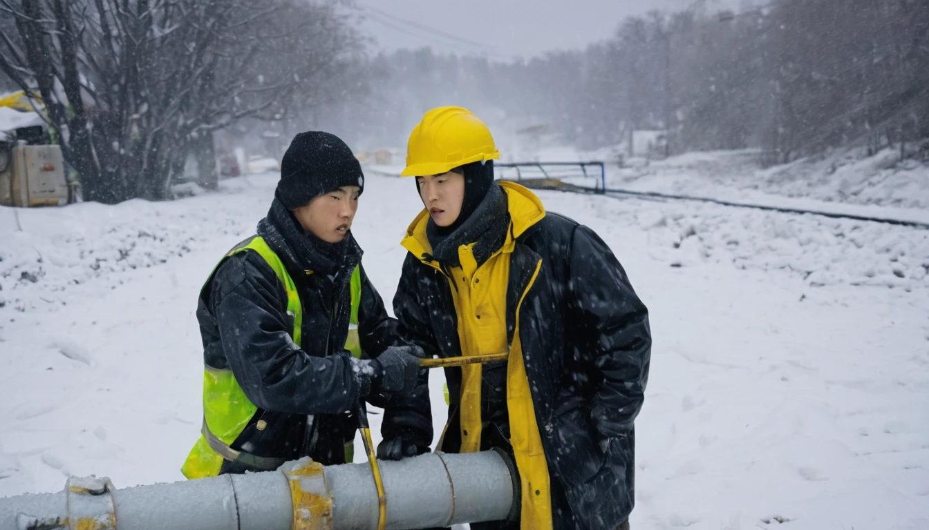 Two 20-year-old men working on a pipeline,Wearing black cotton jacket,(Yellow safety helmet:1.5),Asian,Huge pipe,Use a large wrench,A huge valve that opens half the screen,A huge valve that takes up half of the screen,Painful expression,With cap,Night,Night view,cold,Snow Covered,snowstorm,Gloomy sky
