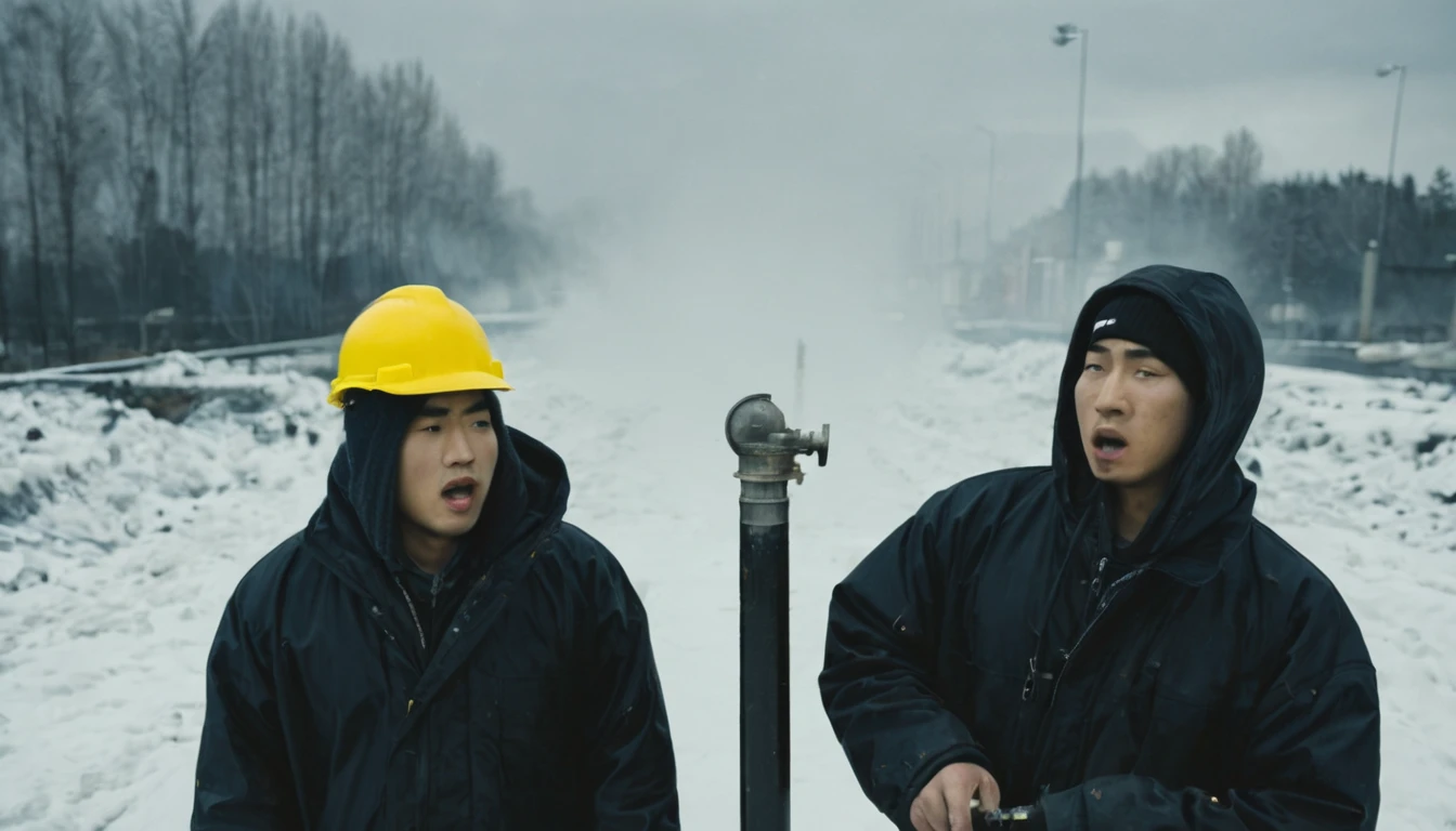 Two 20-year-old men working on a pipeline,Wearing black cotton jacket,(Yellow safety helmet:1.5),Asian,Huge pipe,Use a large wrench,A huge valve that opens half the screen,A huge valve that takes up half of the screen,Painful expression,With cap,Night,Night view,cold,Snow Covered,snowstorm,Gloomy sky
