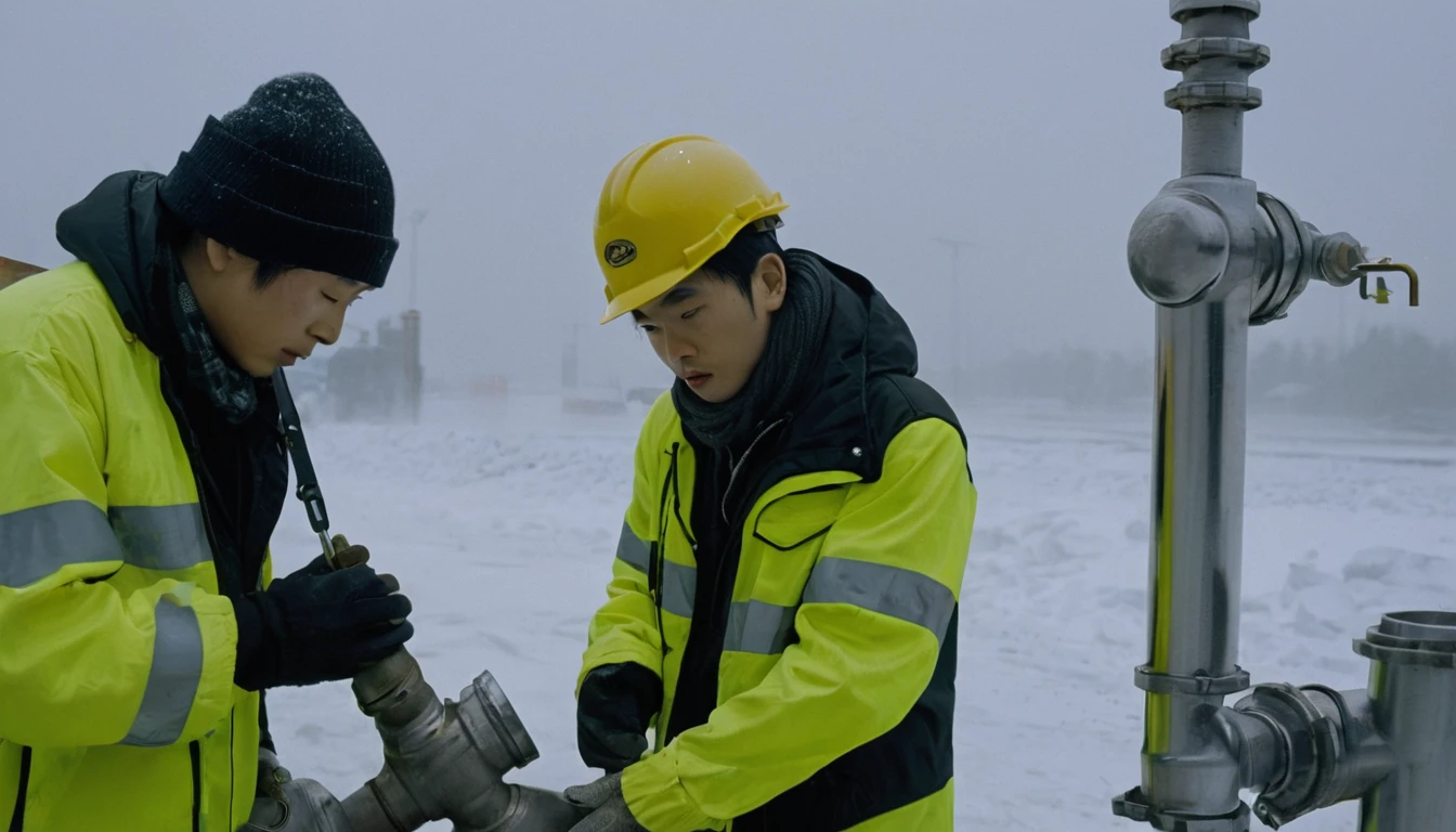 Two 20-year-old men working on a pipeline,Wearing black cotton jacket,(Yellow safety helmet:1.5),Asian,Huge pipe,Use a large wrench,A huge valve that opens half the screen,A huge valve that takes up half of the screen,Painful expression,With cap,Night,Night view,cold,Snow Covered,snowstorm,Gloomy sky