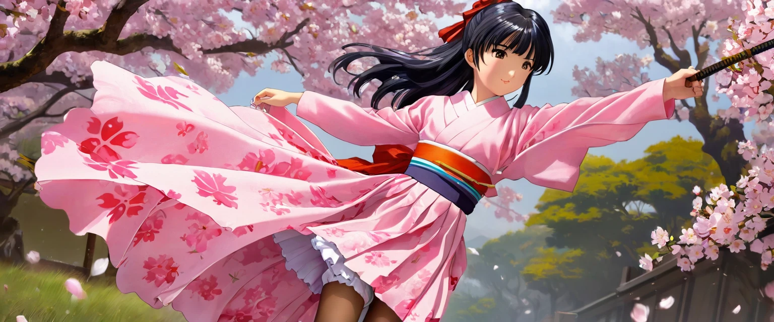 10 year old girl underwear, Sakura Shinguji、Realistic bloomers made from patterned cotton fabric, Japanese clothing and hakama, Fabric Realism, Low - Angle, I see bloomers, Pull up the dress by hand, Strong winds, Translucent slip, Translucent slip, tights, Highest quality,  whole body、Black Hair、Holding a sword、Big ribbon in hair