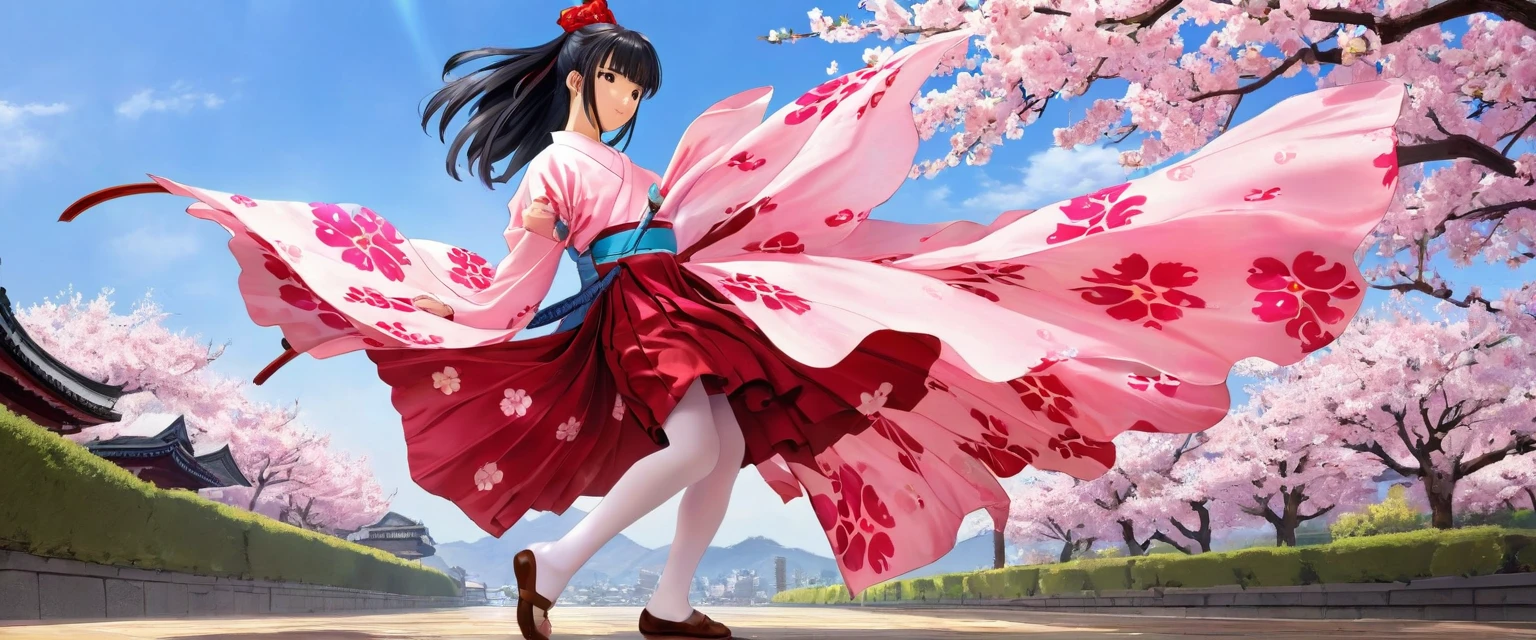 10 year old girl underwear, Sakura Shinguji、Realistic bloomers made from patterned cotton fabric, Japanese clothing and hakama, Fabric Realism, Low - Angle, I see bloomers, Pull up the dress by hand, Strong winds, Translucent slip, Translucent slip, tights, Highest quality, whole body、Black Hair、Holding a sword、Big ribbon in hair