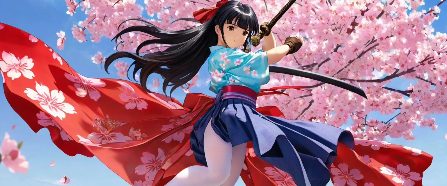 10 year old girl underwear, Sakura Shinguji、Realistic bloomers made from patterned cotton fabric, Japanese clothing and hakama, Fabric Realism, Low - Angle, I see bloomers, Pull up the dress by hand, Strong winds, Translucent slip, Translucent slip, tights, Highest quality, whole body、Black Hair、Holding a sword、Big ribbon in hair