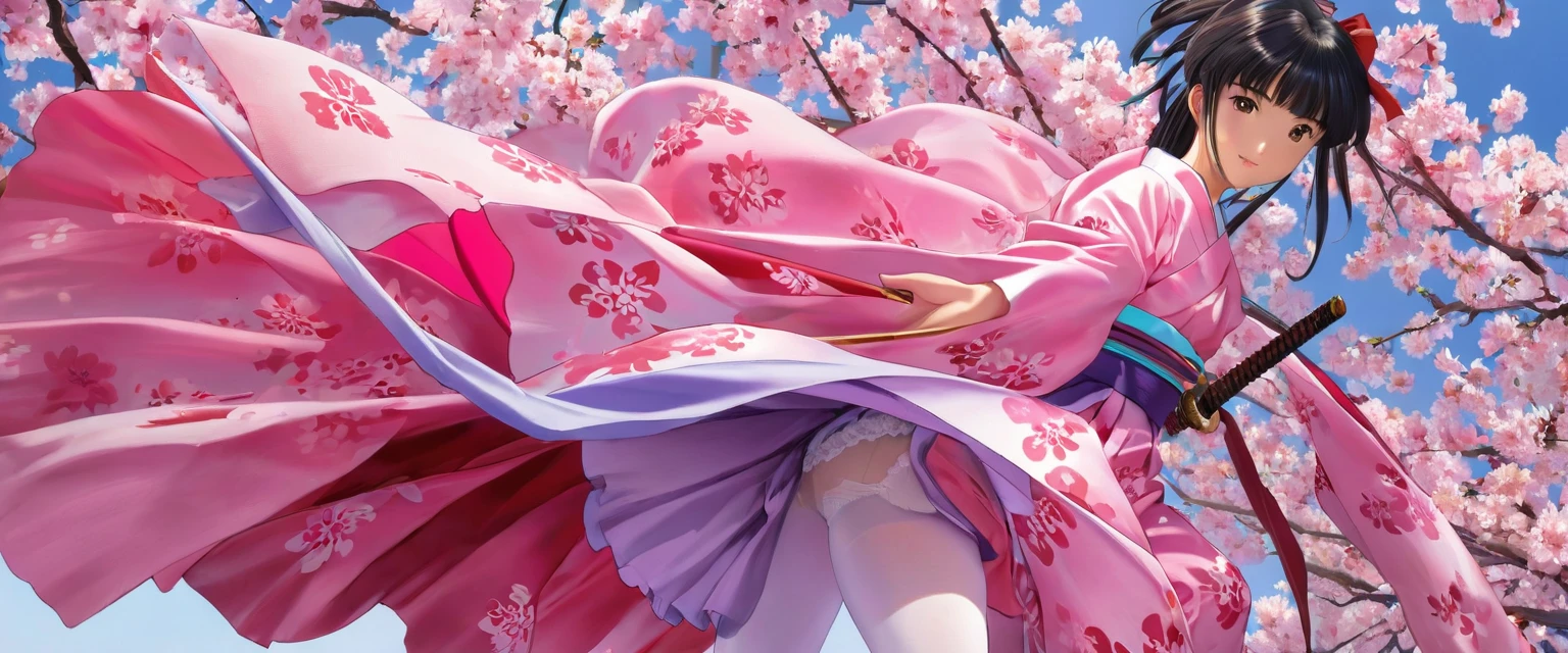  girl underwear, Sakura Shinguji、Realistic bloomers made from patterned cotton fabric, Japanese clothing and hakama, Fabric Realism, Low - Angle, I see bloomers, Pull up the dress by hand, Strong winds, Translucent slip, Translucent slip, tights, Highest quality,  whole body、Black Hair、Holding a sword、Big ribbon in hair
