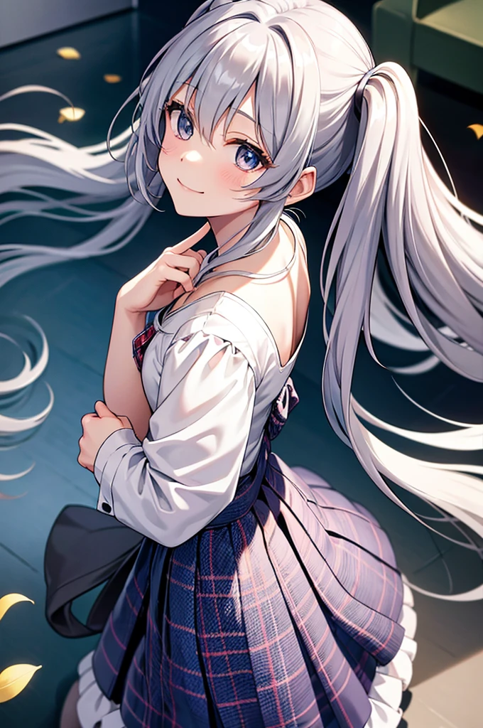 score_9,from above,silver hair, twintails, very long hair, アニメ, best quality, masterpiece、Smile、Plaid pleated long skirt、Looking back、look up