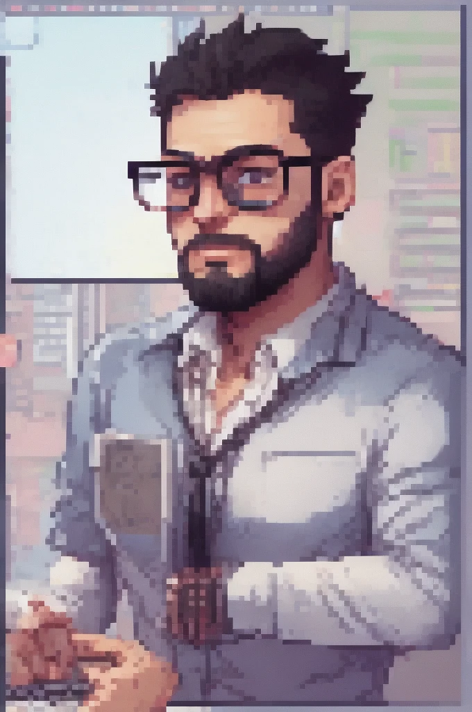 software developer, with a short, low beard, black glasses transparent lens, and shaved hair, Using the computer, PixArFK