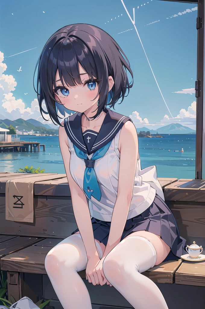 NSFW、((masterpiece、Highest quality、High resolution、超High resolution、Pixel Perfect、pen depth、4K、RTX、Human Development Report)))、1 girl、single、One person、Beauty、The whole body is visible、(Black Hair、Very Short Hair、Boyish cut)、((blue eyes、Beautiful eyelashes、Realistic eyes))、((Detailed face、blush:1.2))、((Smooth texture:0.75、livelyとした質感:0.65、lively:1.1、Anime CG Style))、(Big Breasts、Big Tits)、Perfect body、smile、魅力的なsitting方、Brewing tea in a teapot、(The wind blows my hair、Exposing shoulders、Exposing breasts)、Heavy snowfall at night、(((Show your pants:1.3)))、M-shaped legs:1.4. Highest quality、masterpiece、High resolution、(Head to toe図)、front、front少し下からの構図、Symmetrical、18 years old tall older girl、One person、(Head to toe)、(White mesh panties、White luxury underwear)、(Sailor suit summer uniform、Short sleeve、Navy blue micro mini skirt、Navy Pleated Skirt、Yellow tie、White Short Socks)、(Spread your legs座る)、(Crouching pose)、(A composition that shows white pants)、(Spread your legs、I see white pants。)、(私はSpread your legs床に座らされました。)、((((M-shaped legs:1.4))))、Thin legs、Very beautiful and tall 18 year old girl、(No shoes)、Blushing、Shy big eyes、looking at the camera、((Sailor suit summer uniform、Short sleeve、Navy blue micro mini skirt、Navy Pleated Skirt、White mesh panties、Yellow tie、White Short Socks))、NSFW、((Vulgarity))、sitting、Women's High、classroom、独奏、Women's High生