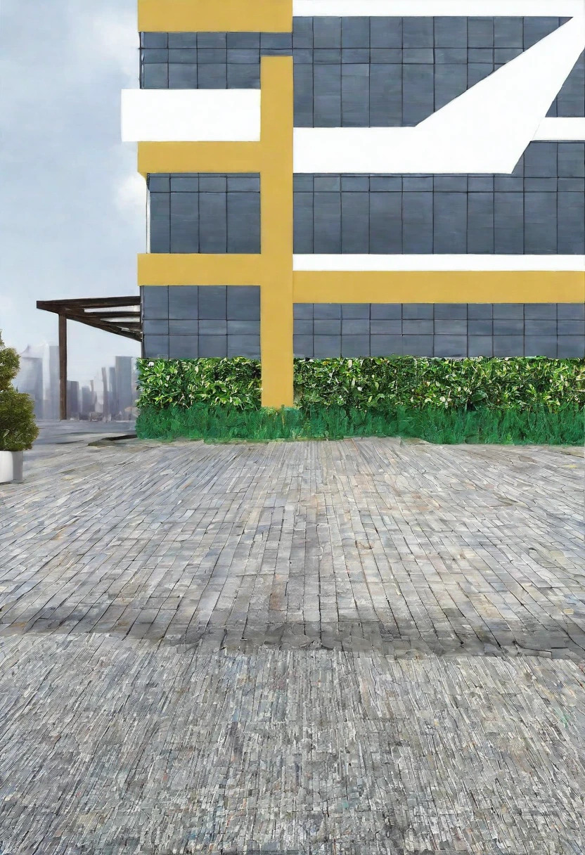 there is a yellow and white building with a yellow cross, city street view background, ground perspective, Hyperrealistic background, View at street level, ground perspective; detailed, in 3d rendering style, very realistic 3D rendering, building roof with plant, High detail 3D rendering, on the concrete floor, Wide angle perspective