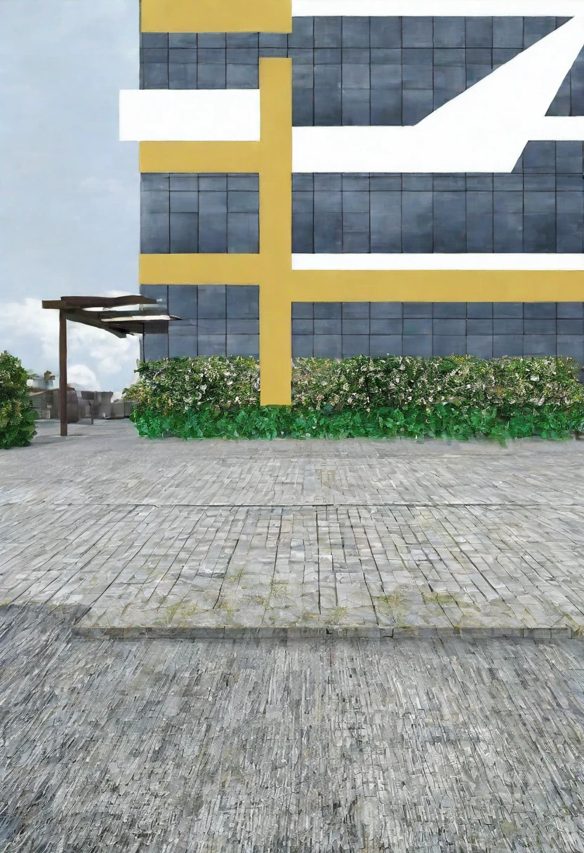 there is a yellow and white building with a yellow cross, city street view background, ground perspective, Hyperrealistic background, View at street level, ground perspective; detailed, in 3d rendering style, very realistic 3D rendering, building roof with plant, High detail 3D rendering, on the concrete floor, Wide angle perspective