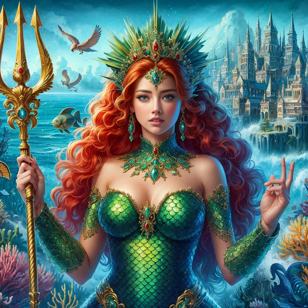 AMBER HEARD mujer hermosa, caucasiano, long redhead hair, clear eyes, humida, green tiara, dressed in blue and gold full body armor with scales, Mera Try de Atlantis, holding a trident, in a defensive position to attack, at the bottom of the ocean among marine fauna, ((maximum quality, 8k, Masterpiece artwork: 1.3)), Beauthfull, AMBER HEARD, big fit ass: 1.3, Skinny abs: 1.1, Highly detailed facial and skin texture.