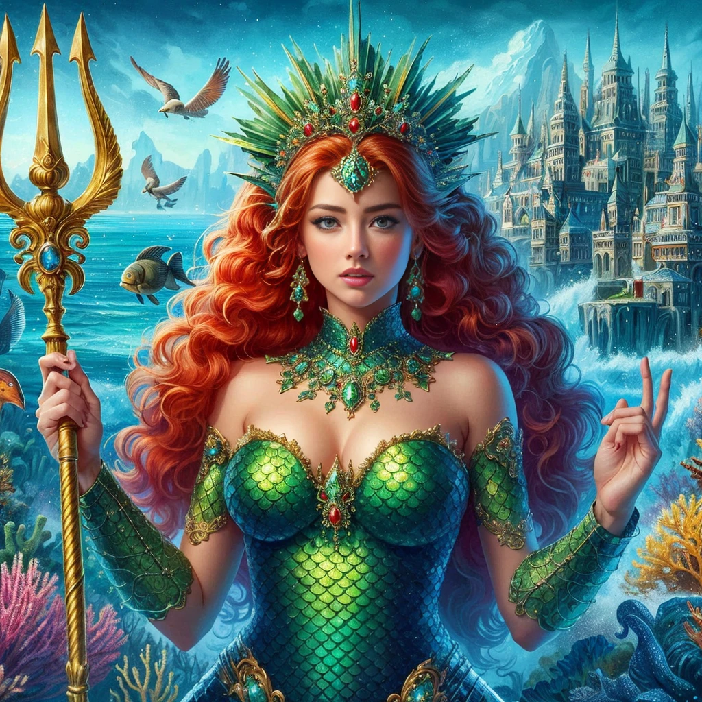 AMBER HEARD mujer hermosa, caucasiano, long redhead hair, clear eyes, humida, green tiara, dressed in blue and gold full body armor with scales, Mera Try de Atlantis, holding a trident, in a defensive position to attack, at the bottom of the ocean among marine fauna, ((maximum quality, 8k, Masterpiece artwork: 1.3)), Beauthfull, AMBER HEARD, big fit ass: 1.3, Skinny abs: 1.1, Highly detailed facial and skin texture.