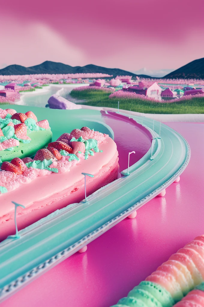 made of macaron，pink，strawberry，cream，blue，Green ice cream