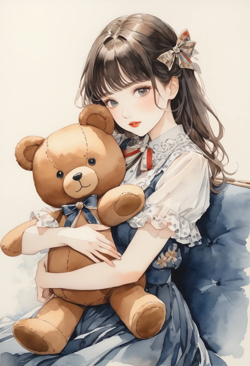 ((antique:1.5)),((hugging a stuffed teddy bear:1.5)),Beautiful and cute woman,1 Female,Solo,Sharp features,Sophisticated,((Watercolor:1.5)),whole body,超High resolution,((Attention to detail:1.5)),high quality,High resolution,最high quality,(vintage:1.4),(Cute pose:1.3),Dull color,So adorable,model like,Fluffy atmosphere,