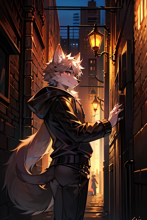 (Fluffy personification:1.3), One man、 alone,Furry、Cat Male、Black eyes、tall、Long and sharp、Fluffy personification、Long, thin tail、hoodie、Alley、steampunk、Server puncture、cool、Unfriendly、Close-up、lens