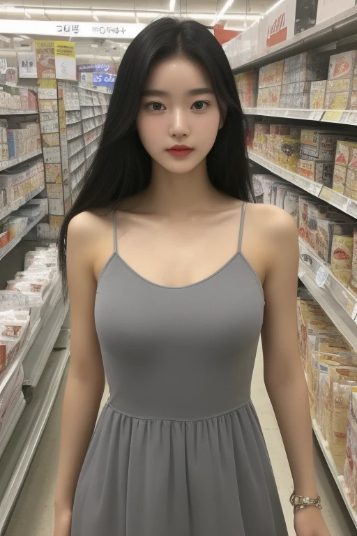 full body, (Photo realistic, masterpiece, best quality, ultra detailed, realistic skin, intricate details, exquisitely detailed, beautiful composition, extremely intricate, realistic humid skin, perfect anatomy, exquisitely detailed skin, glossy shiny skins:1.1), solo, (dramatic_light, beautiful_detailed_light), (beautiful_eyes, pretty face, glossy lips, high nose bridge), (20 years old, korean beautiful woman), (Inside E-Mart in Seoul, Korea, in front of the middle shelf with shopping carts), (skin tight grey camisole dress),