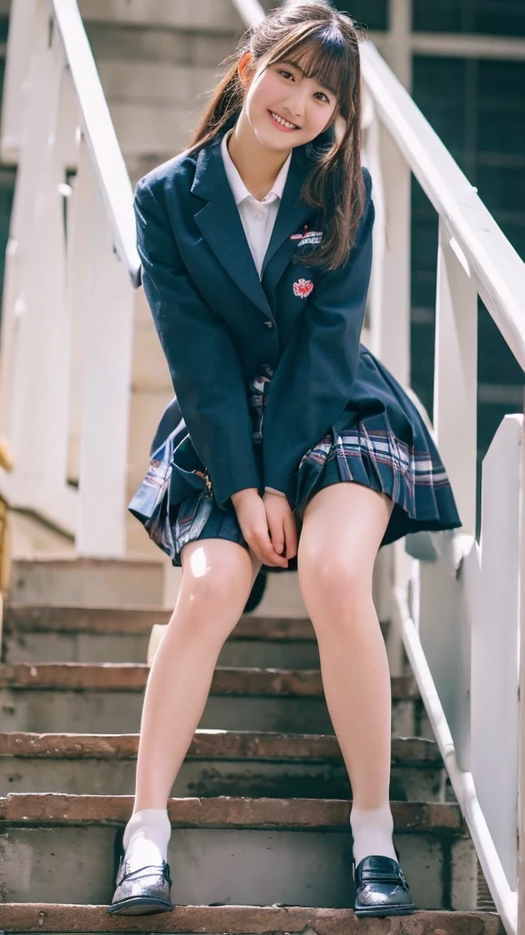 Top quality, high image, 1 woman, ************, school stairs, navy jacket, Medium breasts,white blouse,(plaid miniskirt), cotton panties,upskirt,from below1.3、Smiling beautiful girl、************、Crouched down, looking at me、Checkered pleated skirt、Sit with your buttocks down、loafers、Knee-high socks、Ponytail sitting on stairs、白いパンティ