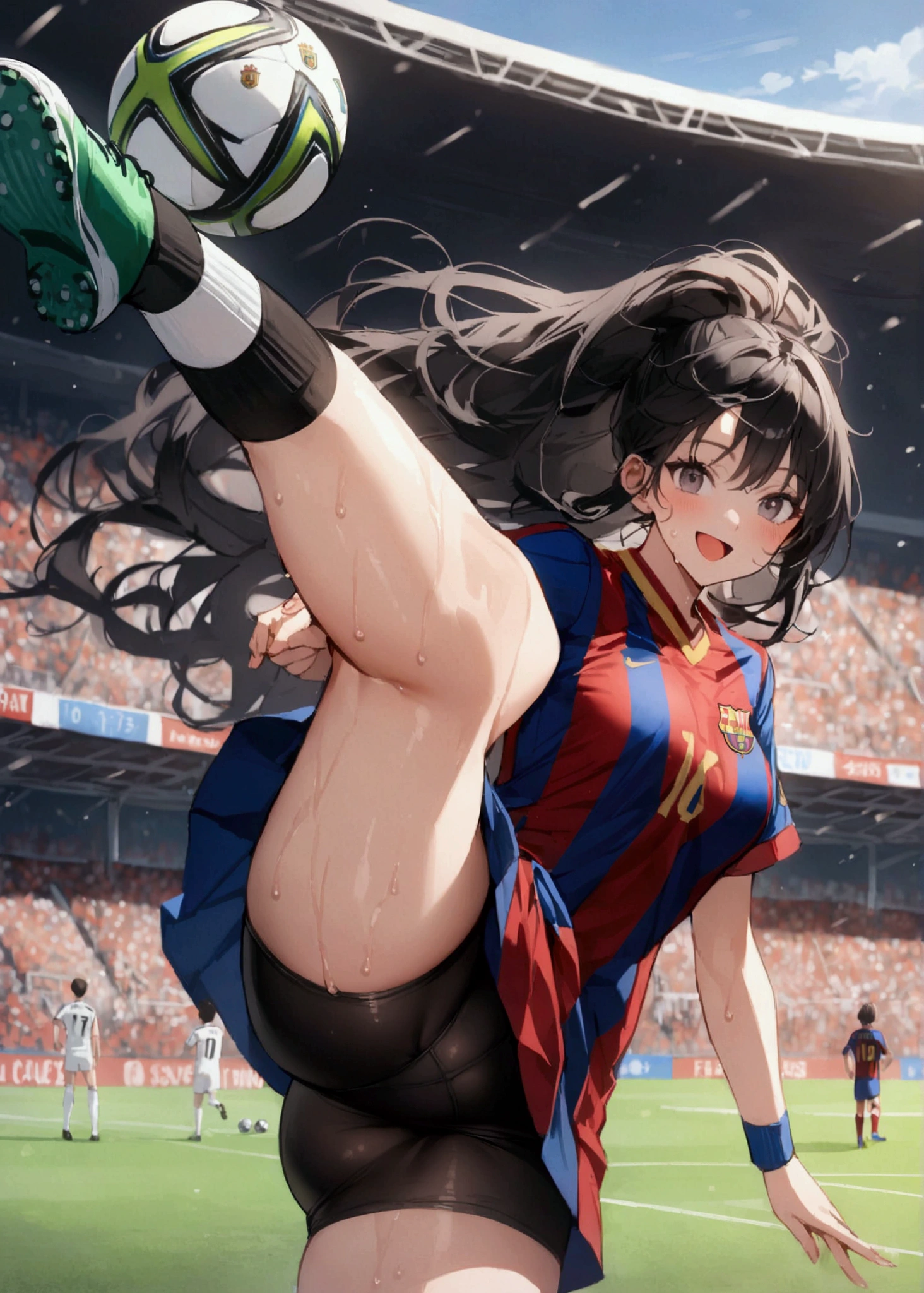 One woman、beautiful girl、high school girl、Soccer uniforms、Barcelona uniforms、Long Hair、smile、Black sports panties、Shoot like Ronaldinho、Football Stadium、soccer ball、The stands are packed、Kicking the ball、Highest quality,  Thick thighs、Big Ass、Black Hair、Sweaty body、Number 10、Sweaty crotch、Take the shot、FIFA World Cup、play soccer、Awesome shot、Kick Shoot