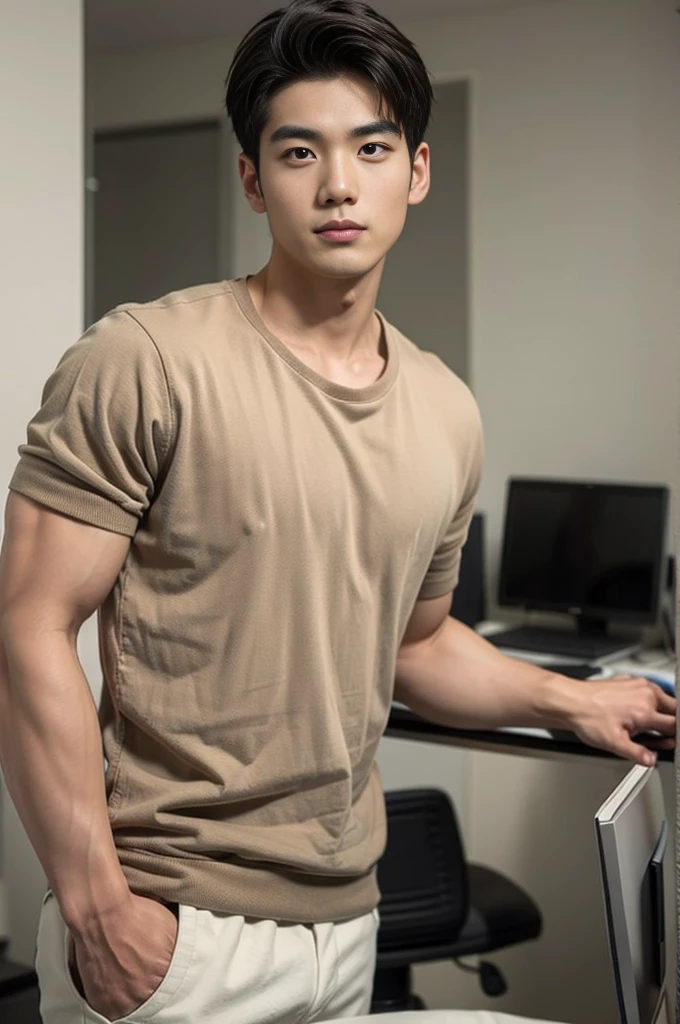 A young Asian man stands, handsome, muscular, looking at the camera. In a plain brown t-shirt, In the computer room
