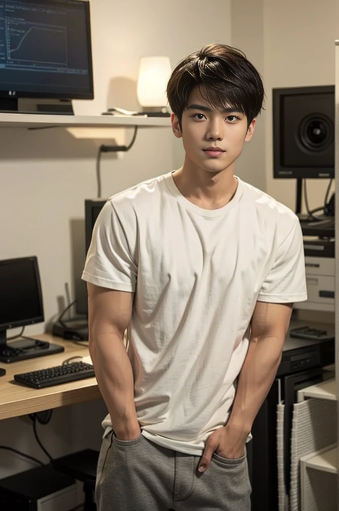 1 handsome redhead Asian young adult man in plaid t-shirt