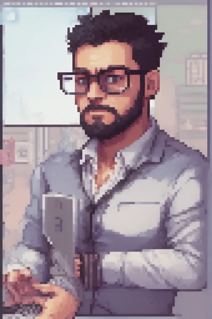 dark programmer , with a short, low beard, black glasses transparent lens, and short shaved hair, Using the computer, PixArFK