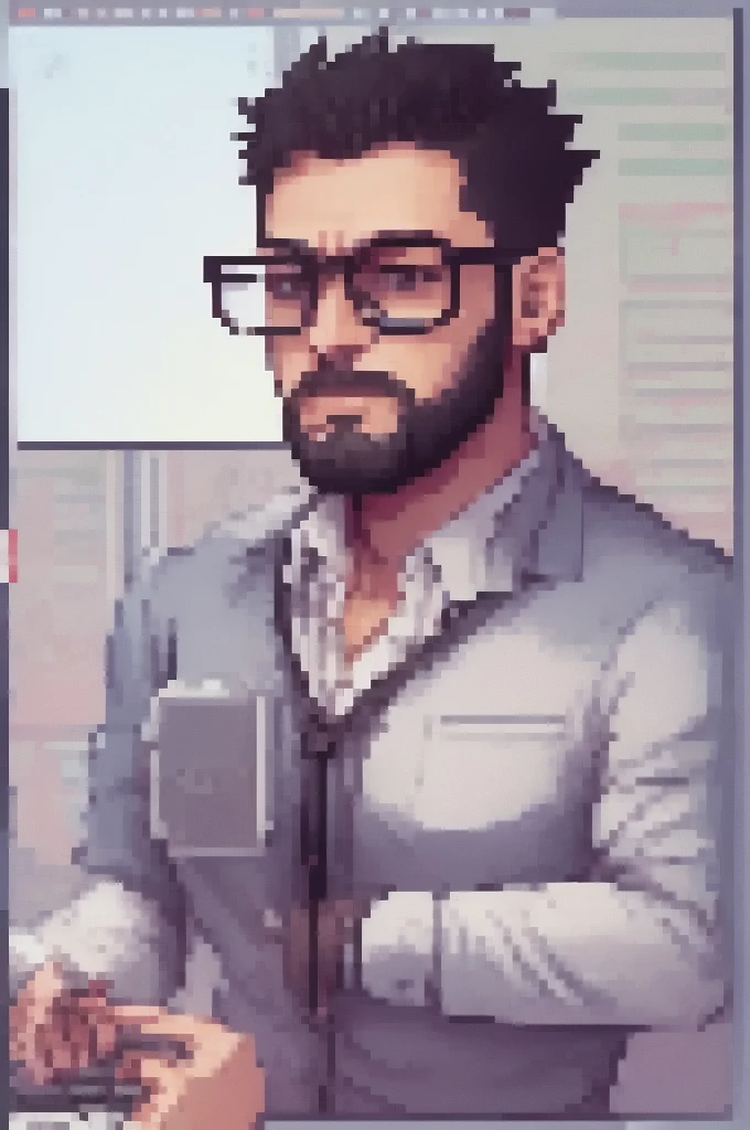 dark programmer , with a short, low beard, black glasses transparent lens, and short shaved hair, Using the computer, PixArFK