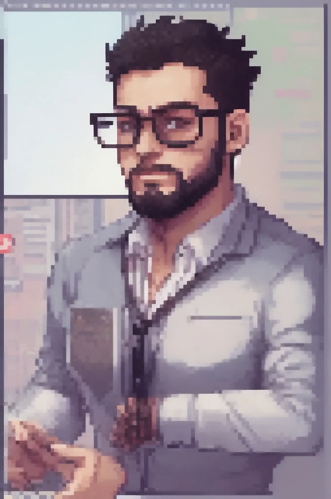 dark programmer , with a short, low beard, black glasses transparent lens, and short shaved hair, Using the computer, PixArFK