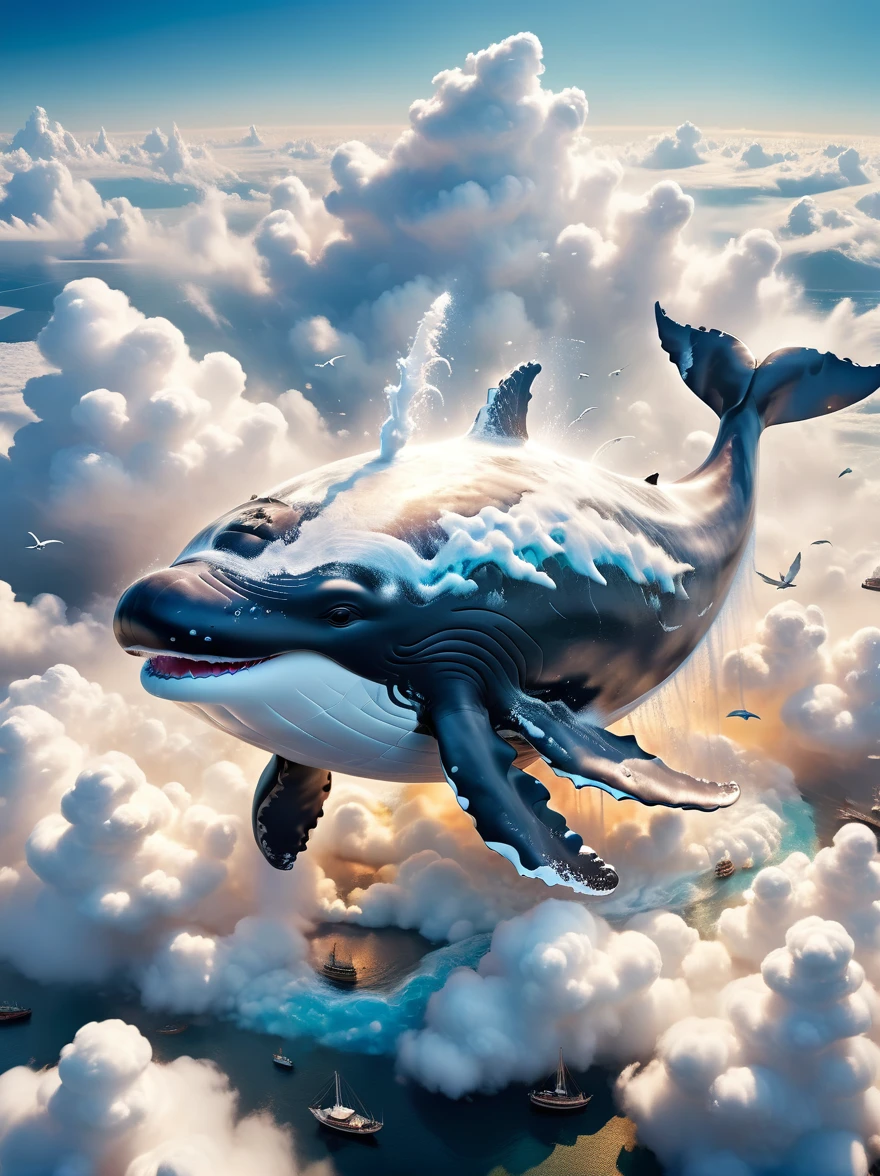 Imagine a grand, majestic whale, equipped with wings of impressive span. This curious creature is soaring through the sky, effortlessly gliding on the currents of air. In the backdrop, one can spot a colossal towering structure known as the 'Valcon', standing tall and formidable. The whale sailing in the azure sky in stark contrast to the mighty Valcon structure creates a truly surreal and fantastical scene