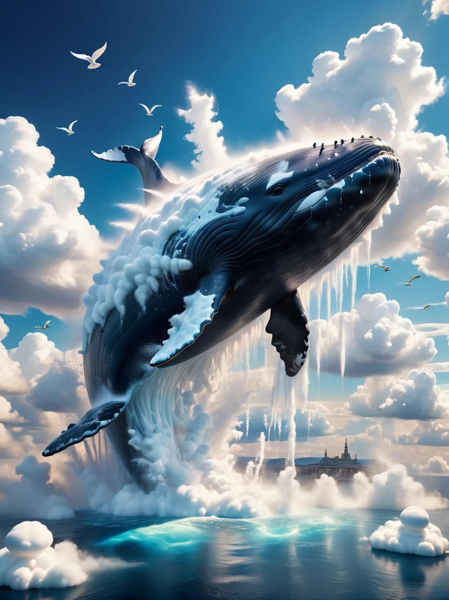 Imagine a grand, majestic whale, equipped with wings of impressive span. This curious creature is soaring through the sky, effortlessly gliding on the currents of air. In the backdrop, one can spot a colossal towering structure known as the 'Valcon', standing tall and formidable. The whale sailing in the azure sky in stark contrast to the mighty Valcon structure creates a truly surreal and fantastical scene