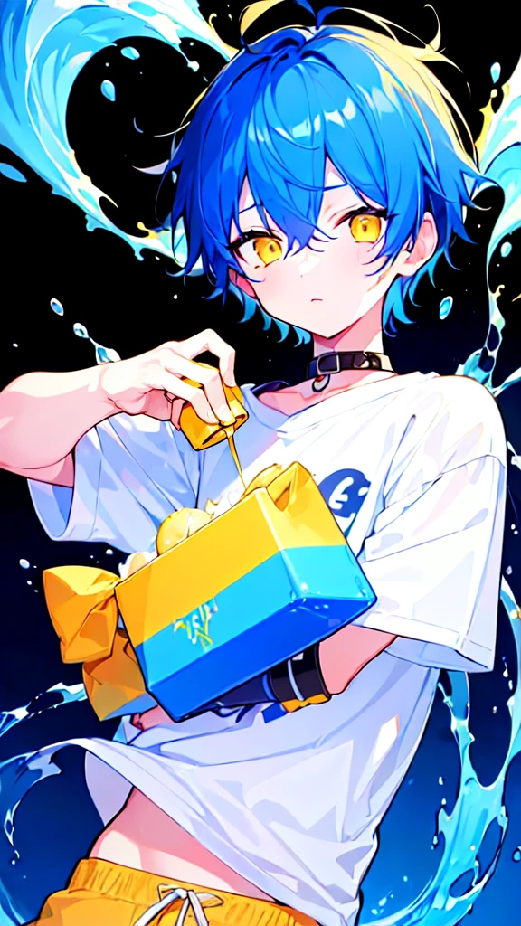 [(BLACK BACKGROUND:1.5),::5], ((((masterpiece)))), high quality, very_high_resolution, large_filesize, upper body, full color, ((younger boy)), 13 old year, short deepblue hair, vivid color, ((yellow eye)), Summer clothes white, animestyle, (NeonSoda Splash effect:1.3)