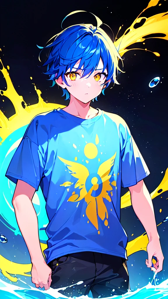 [(BLACK BACKGROUND:1.5),::5], ((((masterpiece)))), high quality, very_high_resolution, large_filesize, upper body, full color, ((younger boy)), 13 old year, short deepblue hair, vivid color, ((yellow eye)), Summer clothes white, animestyle, (NeonSoda Splash effect:1.3)