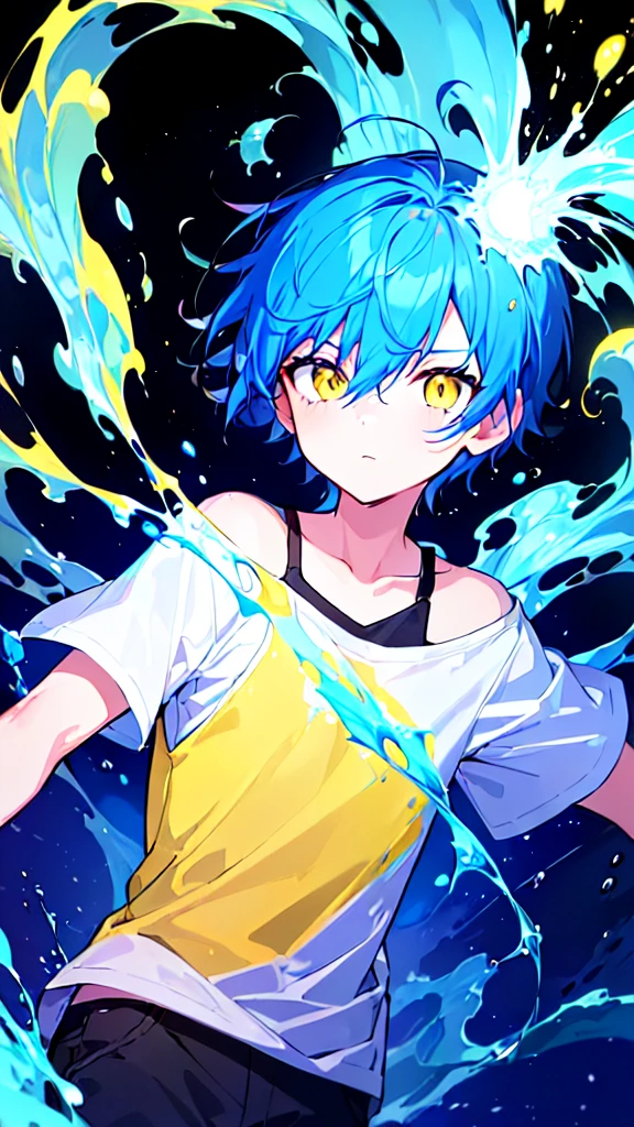 [(BLACK BACKGROUND:1.5),::5], ((((masterpiece)))), high quality, very_high_resolution, large_filesize, upper body, full color, ((younger boy)), 13 old year, short deepblue hair, vivid color, ((yellow eye)), Summer clothes white, animestyle, (NeonSoda Splash effect:1.3)