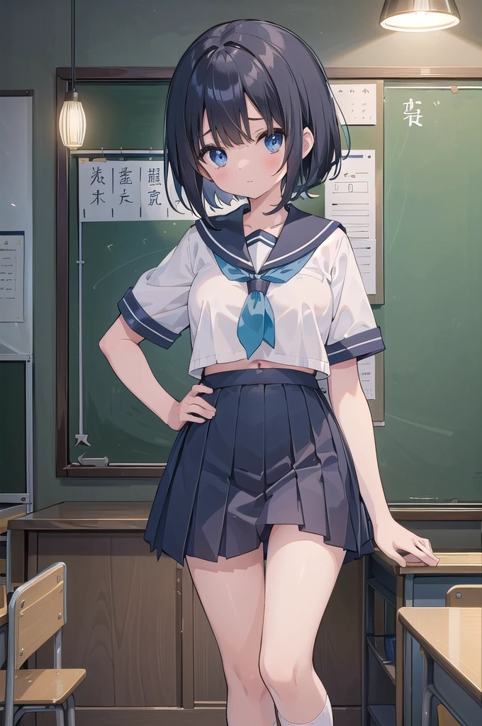 NSFW、(Short sleeve white sailor uniform:1.3)、(Dark blue micro mini skirt dark blue:1.2)、(White string panties:1.2)、Dark blue micro mini skirt dark blue、Mature Woman、Toned body、Big Breasts、(tall、daddy longlegs、175cm)、(quality))、((masterpiece))、(これはclassroomでセーラー服を着たセクシーな女子高生のクローズアップショットです:1.4)、(solo:1.4)、(One girl:1.4)、(Very short black hair:1.3)、(Light blue eyes:1.2)、(belly button:1.1)、(Navy collar、Yellow tie)、Dark blue micro mini skirt dark blue、Recommended results、Plump nipples、Stand up straight、Abdominal muscles、Huge bust、Angle to floor:1.2、Low camera angle、School、classroom