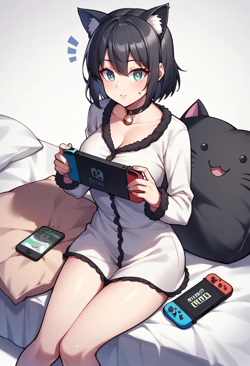 punctuation_9, punctuation_8_High above, punctuation_7_High above, punctuation_6_High above, punctuation_5_High above, punctuation_4_High above, 1girl, Nerd,Bblack hair, shorth hair, a cartoon image of a woman(dressed as a black cat)with a big chest, sitting on the cushion (blue in color), white scenario, with Nintendo switch in hand, fluffy chest, in pajamas(dressed as a black cat), anime cel shaded, Covered breasts and SFW, wearing pajamas(sitting on the cushion (blue in color), with a Nintendo Switch in hand), Kantai Collection Style, anime moe art style, white_mitts, seductive anime girl((dressed as a black cat)), brincando with a Nintendo Switch in hand, playing on it(spiral eye)White background,Sitting on a cushion(large pillow is a black stuffed cat).