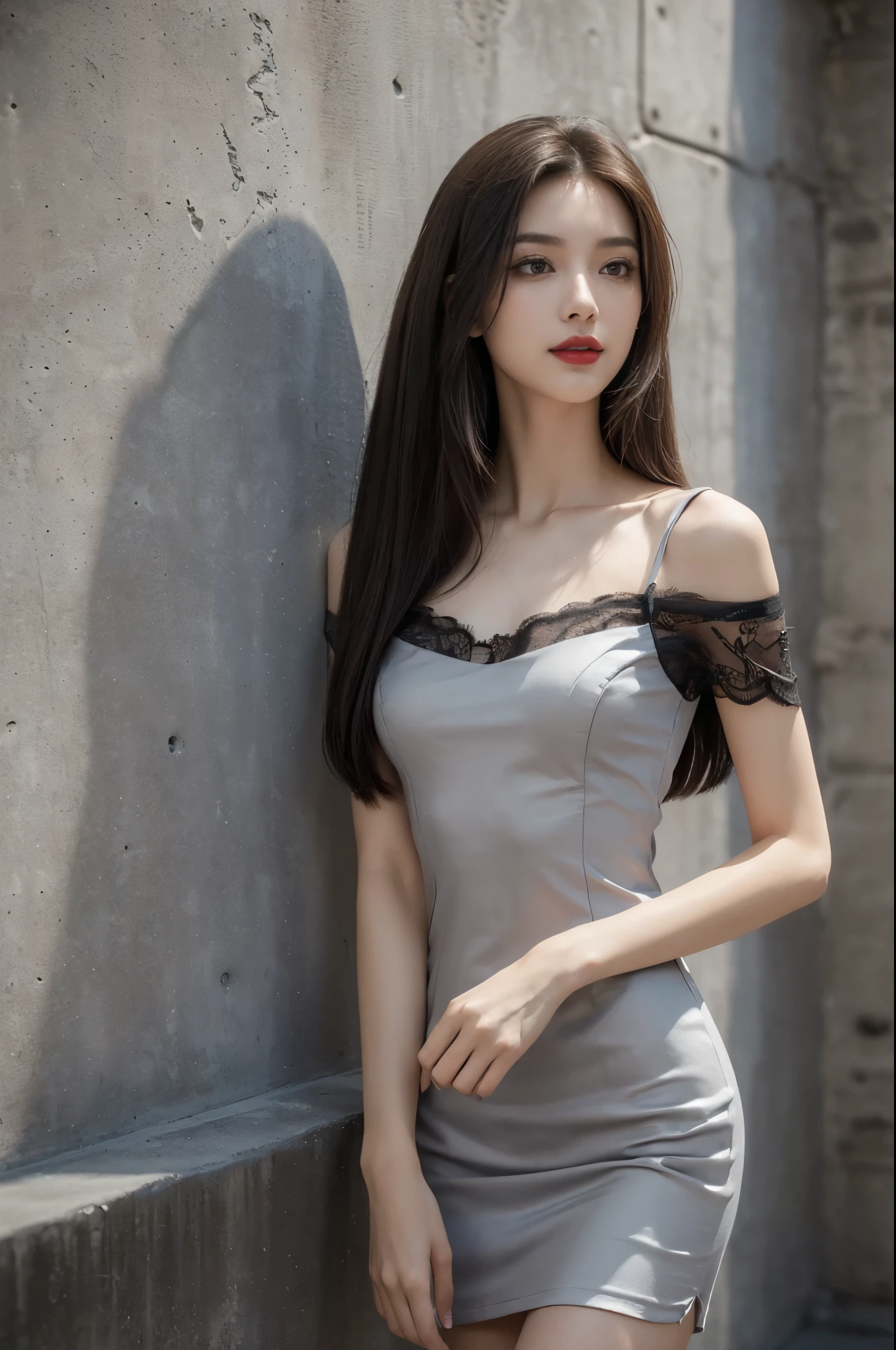 (((best quality))),(((ultra detailed))),(((masterpiece))),illustration,((1 beautiful girl,solo)),((slim,thin)),((small breasts,flat chest)),(shoulder length straight hair:1.2),summer afternoon,((unfinished concrete room,alluring,gray walls)),(short sleeves:1.2),(black lace dress:1.3),(slender legs:1.2),(seductive,elegant,full bosom,fair skin,golden strands,delicate features,deep brown eyes,mischief,mystery,enchanting smile,vibrant red lips,serene beauty,self-assuredness,industrial ambiance,raw cement walls,exposed pipes,sexuality,allure,refined beauty,compelling visual narrative,seductive gaze,elegant posture,industrial backdrop,lasting impression,((standing,from front,upper body,arms behind back))