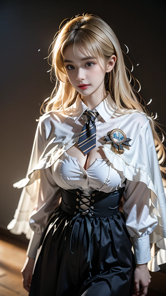 cyb dress, collared shirt, long sleeves, necktie, capelet, frills, badge, long dress, ((knee shot)), ((Shoot at random angles)), ((Visible cleavage)), ((E-cup)), ((I-type Valley)), ((Warm colors)), Galaxy Background, Long-range shooting, A beautiful woman，Elegant posture，Standing，Slender figure。Her legs are slender and straight，Cross placement，Forming a perfect diagonal composition。Head gently sideways，Long blond hair falls naturally，Gently brushing her shoulders。Soft colors，In stark contrast to her fair skin。The edge of the skirt ripples gently，As if swaying in the breeze。Her eyes were gentle，There is a faint smile on the lips。The whole picture looks very harmonious and beautiful