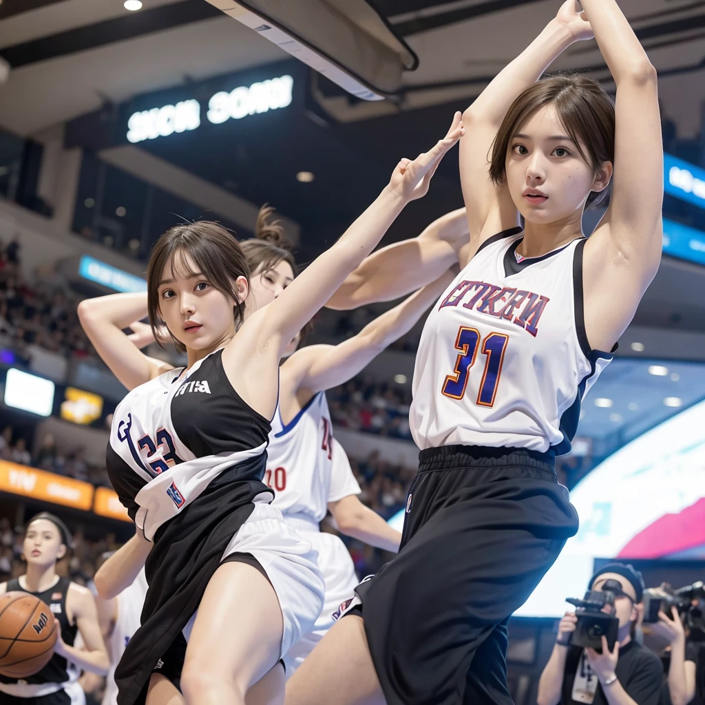 Sexy basketball player with hands up and showing armpits Bouncing breasts Short Hair