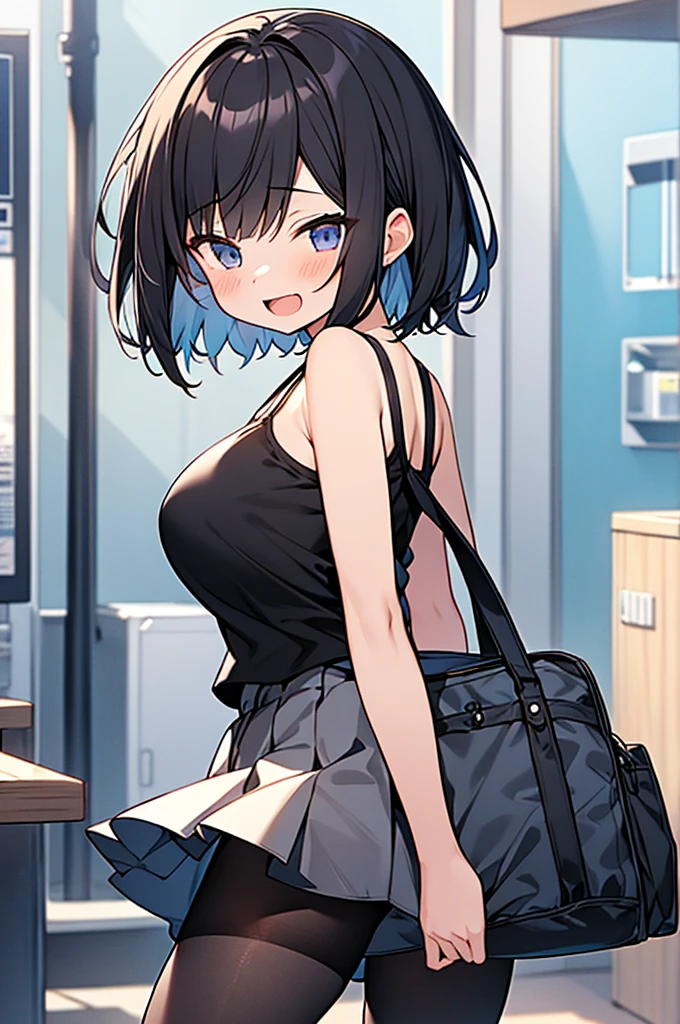 anime gravure,hyper cute 17yo sporty girl,
black hair,short hair,huge breasts,
black camisole,black micro miniskirt,black pantyhose,
open mouth smile,(great thigh))),(little bitch),