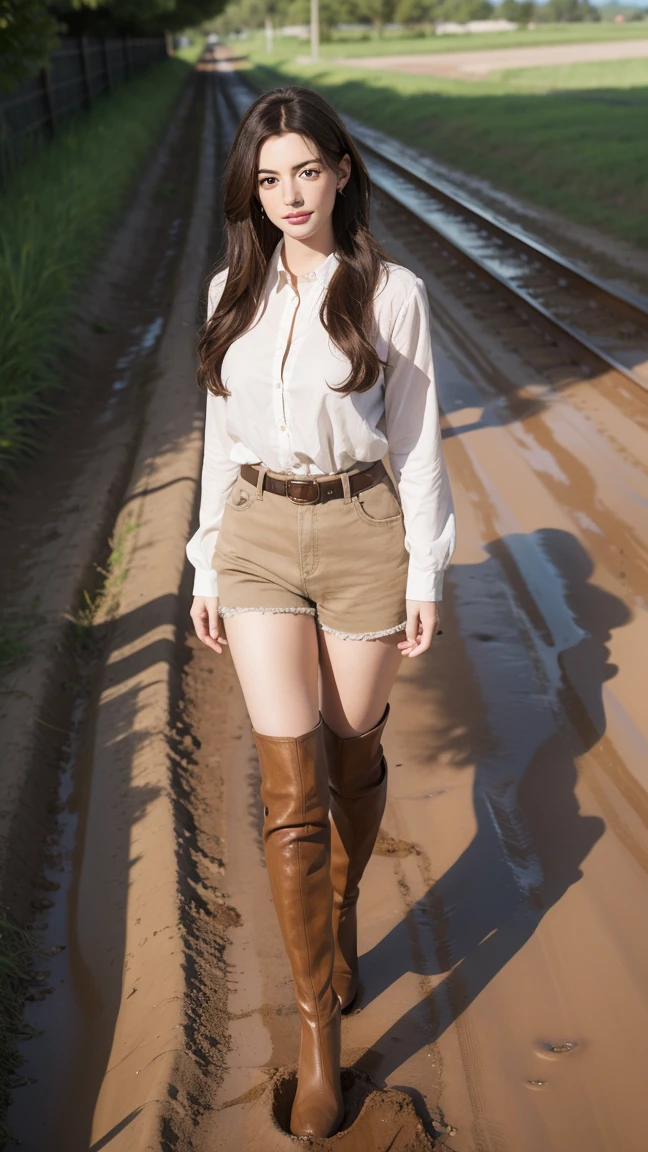 Young Anne Hathaway has long brown hair,Wearing a rose gold shiny full body suit，Full breasts，Long legs，Over the knee boots，Wear a belt，Standing on a muddy dirt road，Stuck in the mud，The body was covered in mud stains，Full body picture，Realistic