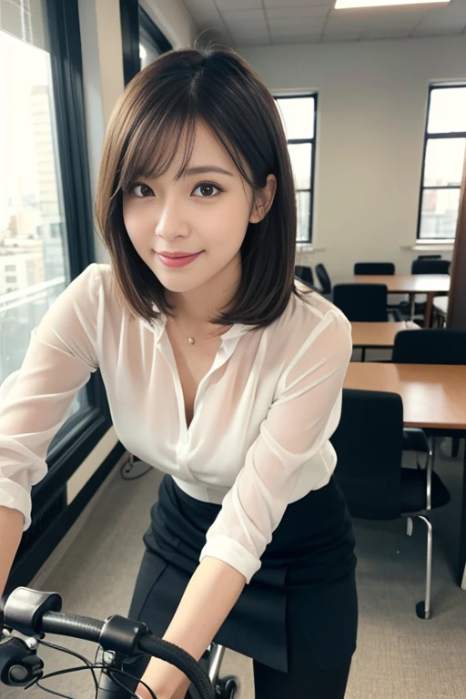 (RAW Photos), (Photorealistic), (masterpiece), (Highest quality), High resolution, 8k resolution, (Exquisite detail), (Volumetric Light), woman, Age 35, short hair, Straight hair, Brown haired, Very thin, Very white and clear skin,Highly detailed eyes, Source Sequence, Very thin eyebrows, eyelash,Highly detailed skin, Highly detailed mouth, Highly detailed nose, The ultimate beauty,Cute like an idol, smile, (上品で透明感のあるWhite blouse), Random body orientation,Medium chest,Beautiful Japanese office lady, White blouse,Ultra-mini pleated skirt, Lace pantyhose, Random Color, Cute Face, Real Light, Correct Anatomy, Riding a bike 1.4、City bike, on the saddle、Grip the steering wheel with both hands, pedal, Angle 1 From below.4、(((Low angle 1.4))), In the city, There is a strong headwind, Skirt flipped up, I can see your pants, Beautiful long legs, From below