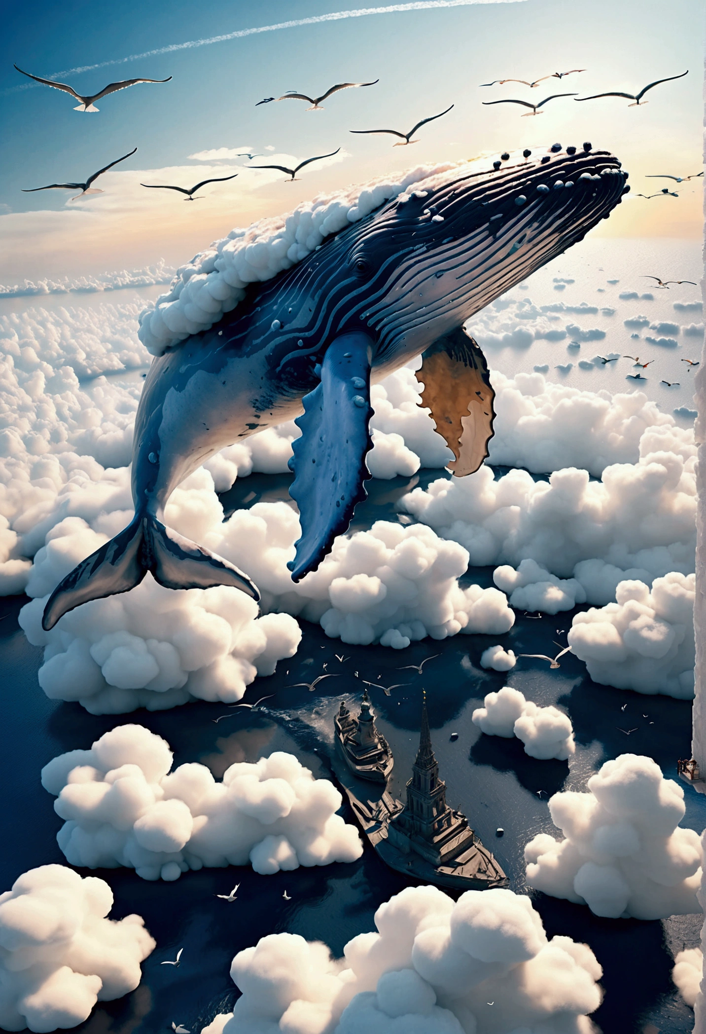 (((A colossal whale made of marshmallow-like white clouds))), (((whale's body entirely covered in fluffy white clouds))), (((soaring through the sky))), dreamy world, flying in the sky, iron towers on the ground, (bird's-eye view:1.3), (best quality, 8k, highres, masterpiece:1.2), ultra-detailed, (photo-realistic:1.4), sharp focus, vivid colors, ethereal atmosphere, soft lighting, magical, surreal
