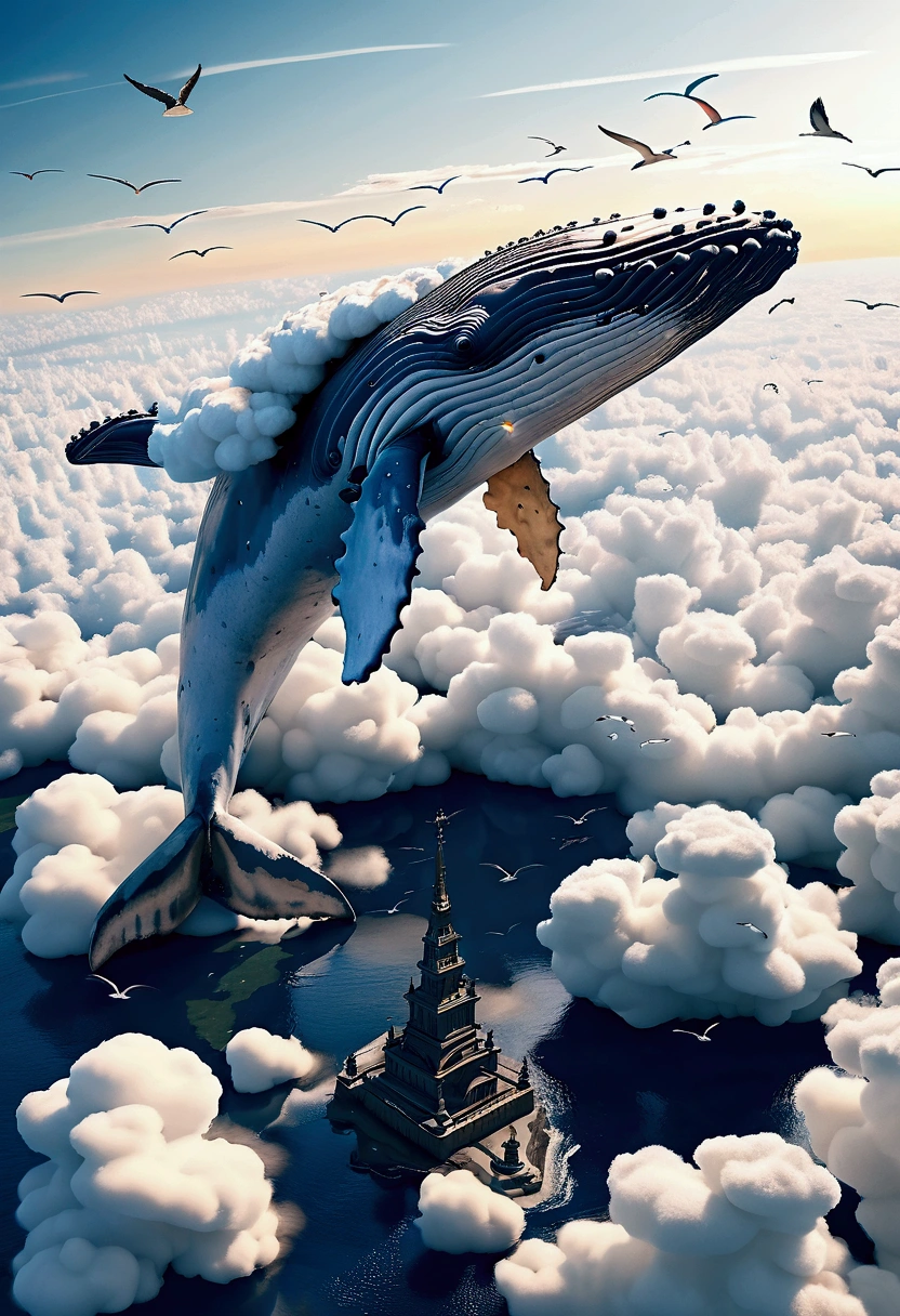 (((A colossal whale made of marshmallow-like white clouds))), (((whale's body entirely covered in fluffy white clouds))), (((soaring through the sky))), dreamy world, flying in the sky, iron towers on the ground, (bird's-eye view:1.3), (best quality, 8k, highres, masterpiece:1.2), ultra-detailed, (photo-realistic:1.4), sharp focus, vivid colors, ethereal atmosphere, soft lighting, magical, surreal