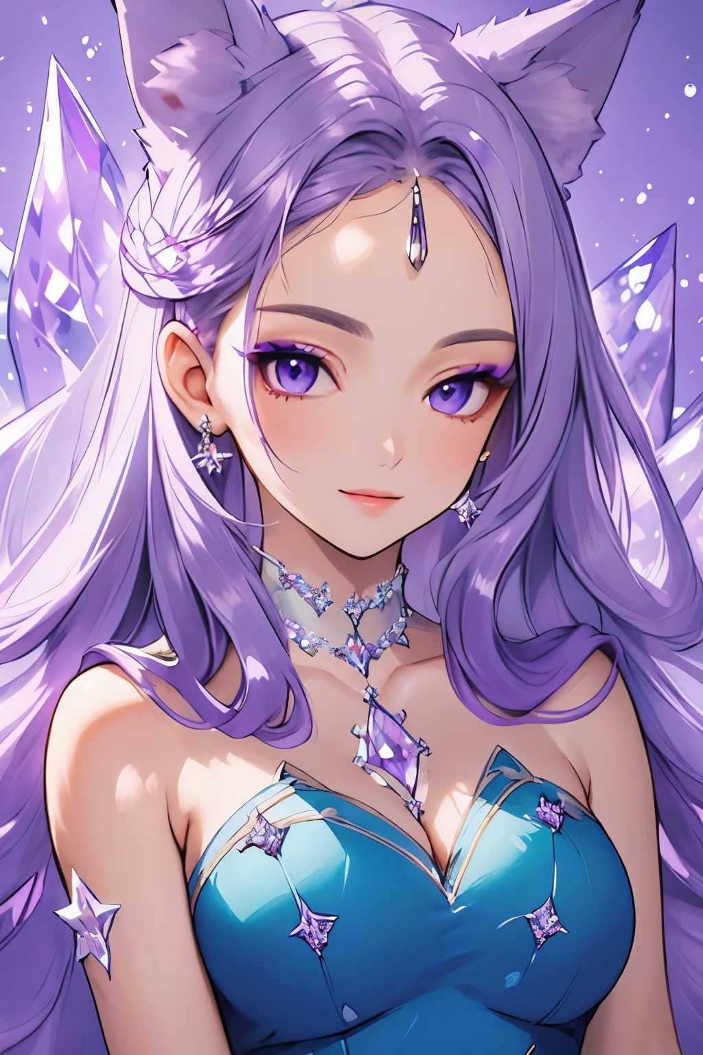 ((best quality)), ((masterpiece)), (detailed), detailed eyes, detailed hands, close up image of her face, female, light purple hair, light purple fox ears, detailed eight-pointed crystal star tattoo on her forehead, delicate and beautiful detailing, beautiful face, well-proportioned detailed purple eyes, round detailed purple eyes and makeup, beautiful detailed and clear purple eyes, volume smooth and sharp, best quality, very beautiful and meticulous eight-pointed crystal star tattoo on her forehead, delicate, must have an eight-pointed crystal star tattoo on forehead, mouth closed smile, not fully smiling, gazing out in wonder, starry background